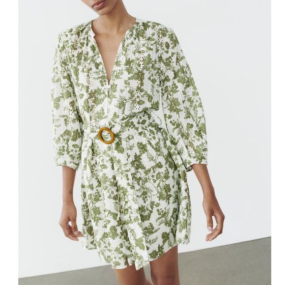 Zara V-neck Embroidered Eyelet Belted Mini Dress in White Green Floral - Picture 2 of 16